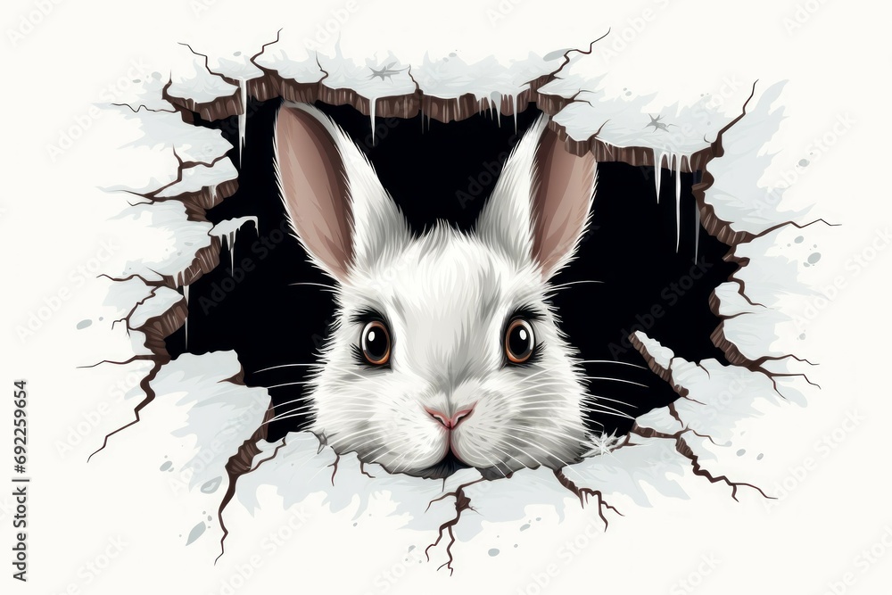 Poster drawing of an easter bunny in a hole with cracks with selective focus and copy space