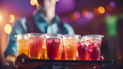 Closeup of a waiter carrying a tray of freshly poured drinks, the rain making the colorful drinks appear even more vibrant and enticing.