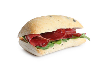 Delicious sandwich with bresaola and basil isolated on white