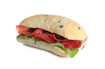 Delicious sandwich with bresaola and basil isolated on white