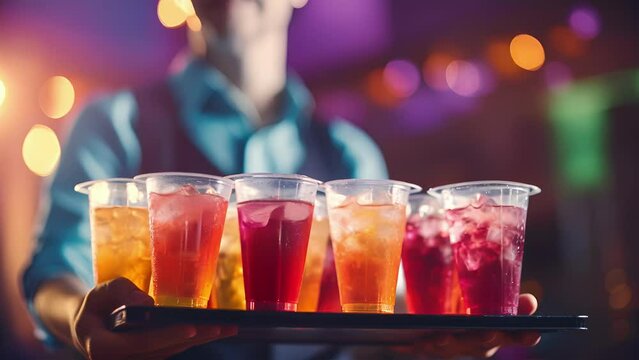 Closeup of a waiter carrying a tray of freshly poured drinks, the rain making the colorful drinks appear even more vibrant and enticing.
