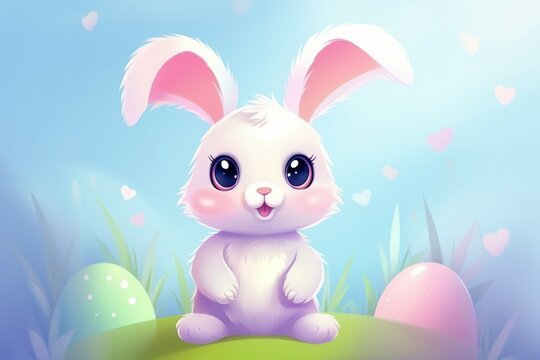 Cute cartoon Easter bunny in soft colors. Background with selective focus and copy space