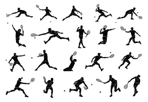 A set of tennis player man silhouette sports people design elements.Tennis player vector.
