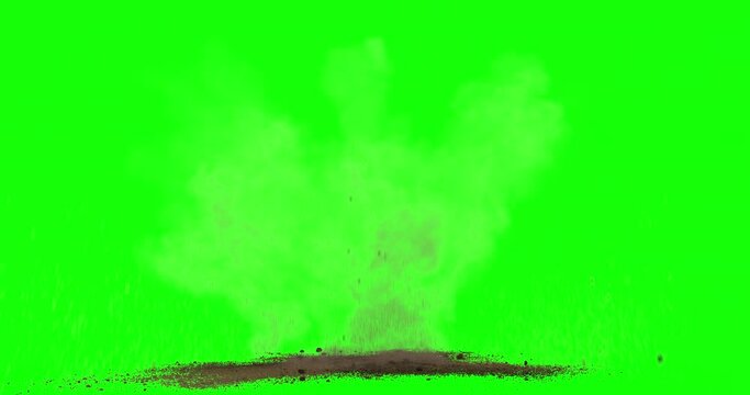 Bullet hit on dirt with chunks and debris flying. Dusty explosion on black background and green screen with alpha channel. Close up. Variations 