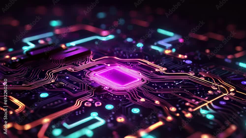 Wall mural minimal animation of a circuit board coming to life with bright neon lights and intricate patterns, 
