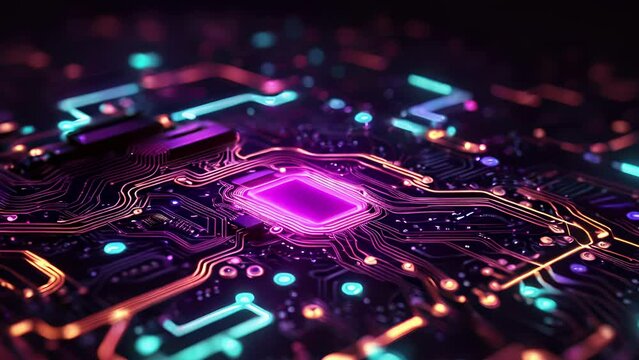 Minimal animation of a circuit board coming to life with bright neon lights and intricate patterns, representing technology and innovation