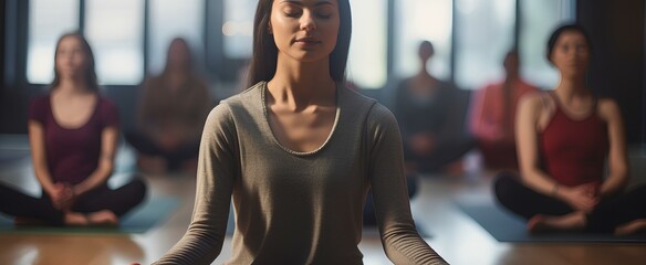a healthy young woman passionately performing yoga with people in a wellness studio. generative AI - obrazy, fototapety, plakaty