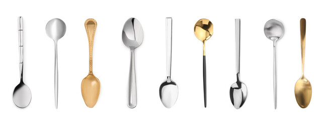Stylish golden and silver spoons on white background - obrazy, fototapety, plakaty