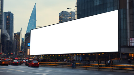 Blank white road billboard with cityscape background. Street advertising poster, mock up, 3D rendering. Side view. The concept of marketing communication to promote or sell idea.