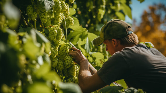 A gardener is picking hops in the hops garden.
