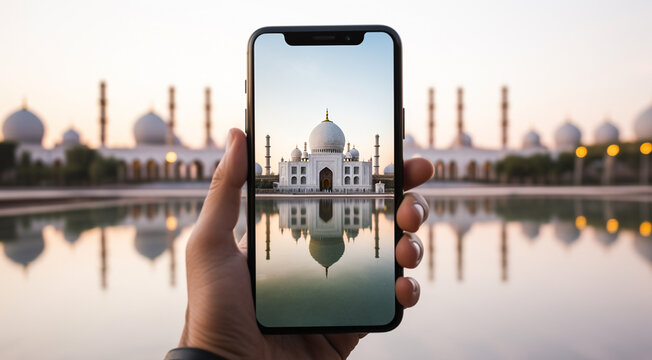 "A person taking a picture of a mosque" depicts a photographer capturing the beauty of a mosque. Suitable for travel blogs, religious publications, and cultural websites.