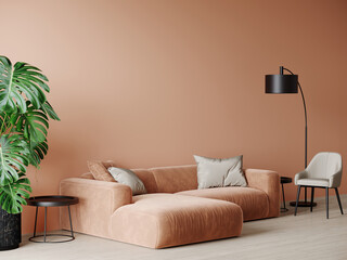 Peach fuzz room interior 2024 color year. Blank empty warm room interior. Design minimal luxury style living, reception. Apricot sofa and accent painted salmon wall. Modern interior design. 3d render
