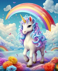 Children's illustration of a cartoon super cute unicorn on a rainbow background .drawing for a children's book or notebook ,print for clothes. 