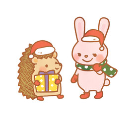 ハリネズミとウサギのクリスマスイラスト