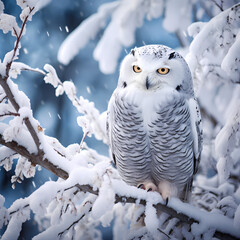 A snowy owl perched on a snow-covered branch in a winter forest