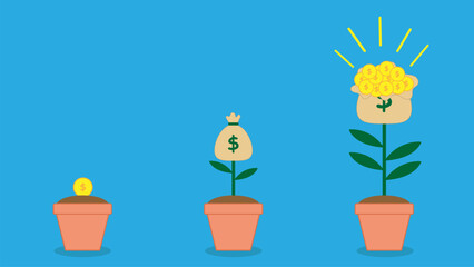 Investment Growth. Depicted with gold coins, dollar bill bags, pots and blooming dollar bill bags