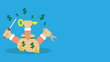 Financial Solutions. Depicted with a dollar bag, a pile of gold coins, a hand holding a screwdriver, wrench and key