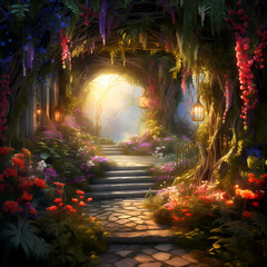 A secret garden filled with blooming flowers and hidden pathways