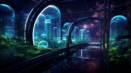 futuristic biotech oasis technology with bioengineered plants, glowing bioluminescent pathways, and futuristic devices