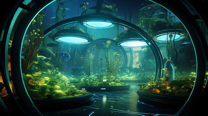 futuristic biotech oasis technology with bioengineered plants, glowing bioluminescent pathways, and futuristic devices - obrazy, fototapety, plakaty