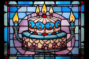 Stained glass window illustration of a birthday cake
