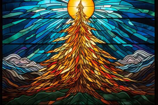 Stained glass window illustration of a giant Christmas tree