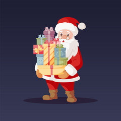 Santa Claus holds many gifts in his hands. Flat cartoon style vector illustration. For Christmas cards, banners, tags and labels. Holiday cartoon character
