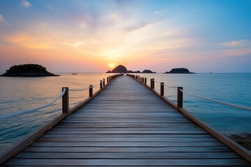 Fototapeta na wymiar wooden bridge over the beach. Vacation and Holiday concept. generative ai