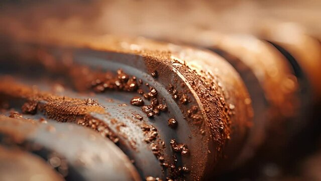Closeup of small s of corroded metal particles forming in between the grooves and grooves of a pipeline, depicting the ongoing process of corrosion and deterioration.
