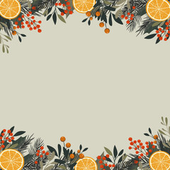Dekoracyjna świąteczna kartka z plastrami pomarańczy, liśćmi, gałązkami choinki, ostrokrzewem i jagodami. Zimowa kompozycja do designu na Boże Narodzenie i Nowy Rok.