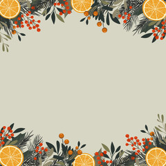 Dekoracyjna świąteczna kartka z plastrami pomarańczy, liśćmi, gałązkami choinki, ostrokrzewem i jagodami. Zimowa kompozycja do designu na Boże Narodzenie i Nowy Rok. © Monika