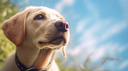 Close up of a cute labrador puppy looking up on blurred outdoor background with copy space, cute funny animal portrait studio shot. - obrazy, fototapety, plakaty