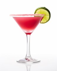 A red cranberry cosmopolitan cocktail decorated with a piece of lime isolated on white background.