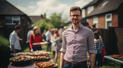 A man is standing in the yard near the barbecue and looks at the camera. 