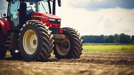  tractor on the agricultural field on summer day.