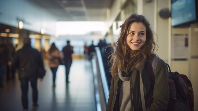 Young Beautiful Woman Passenger Wearing Jacket And Have A Backpack,walking From The Airport Terminal To The Airplane For Departure, Concept Of Travel, Winter Holidays Trip.