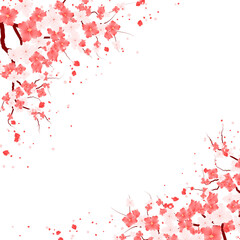 Sakura Flowers Frame. Floral Bloom Border. Spring Flower Blossom Background