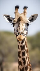 Fototapeta premium A giraffe wadnering in the open dessert, African savannah / safari. Generative AI.