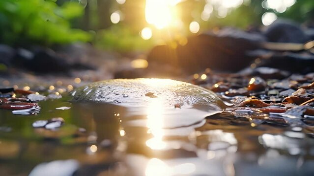 Closeup of a small puddle forming on a smooth rock, as the rain intensifies and creates ripples on its surface.