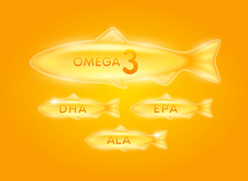 Fish oil extracted from nature. Omega 3 DHA, EPA and ALA. Vitamins collagen essential to the health for the body. For dietary nutritional supplement. On orange background. Vector.