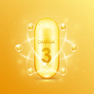 Fish oil extracted from nature essential to the health for the body. Capsule omega 3. Pill vitamin collagen radius ring surround. For dietary nutritional supplement. Vector.