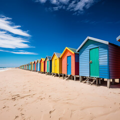 Colorful beach huts lining the sandy shores of a coastal town