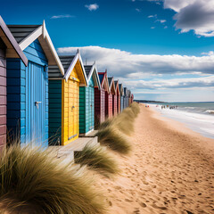 Colorful beach huts lining the sandy shores of a coastal town - obrazy, fototapety, plakaty