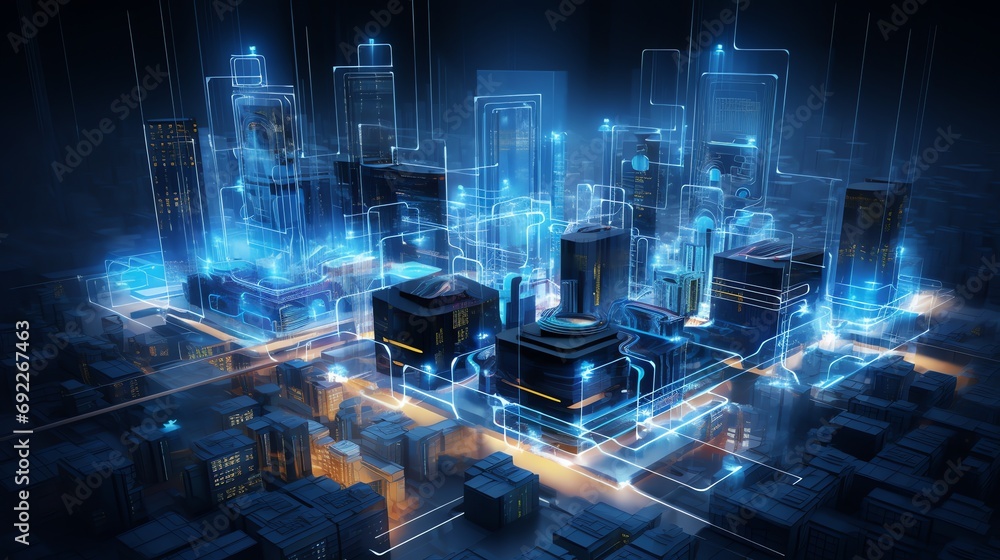 Wall mural futuristic technology hub with complex network of interconnected circuits, holographic displays, and