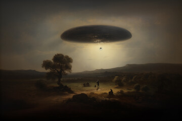 GENERATIVE AI Intrigue from the Celestial Unknown. A painting depicting an ufo floating in the landscape of a pastoral romantic landscape.