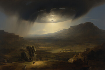 GENERATIVE AI Intrigue from the Celestial Unknown. A painting depicting an ufo floating in the landscape of a pastoral romantic landscape.