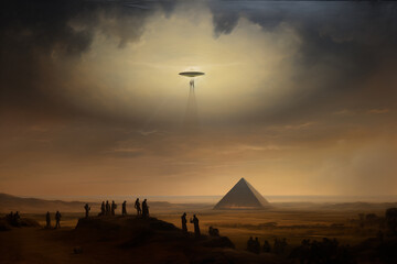 GENERATIVE AI Vision of Dread and Discovery. expansive landscape, with the pyramids of Cairo dominating the foreground. In the distance, a UFO glides gracefully through the sky