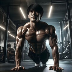 Hombre fitness atletico y musculoso haciendo ejercicio marcando sus abdominales en un gimnasio - obrazy, fototapety, plakaty