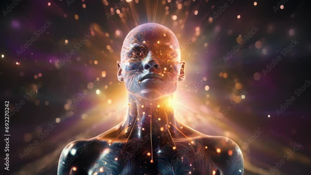 Poster a pulsating, abstract representation of a human figure, composed of a mesh of organic and technologi