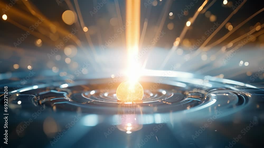 Poster closeup of a beta particle, with an ion trail behind it, moving towards a detector after being emitt